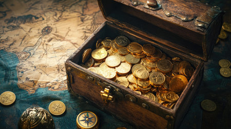 A treasure chest brimming with gold coins, a detailed map, and a classic compass, set against an old-world backdrop, evoking tales of pirate adventures.の素材
