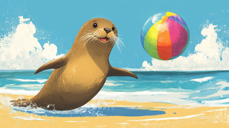 A cartoon sea lion balancing a colorful beach ball on its nose, set against a sunny ocean backdrop.の素材