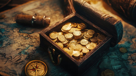 A treasure chest brimming with gold coins, a detailed map, and a classic compass, set against an old-world backdrop, evoking tales of pirate adventures.の素材