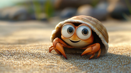 A cartoon hermit crab peeking out from its shell, with big eyes and a friendly smile, set against a sandy beach.の素材