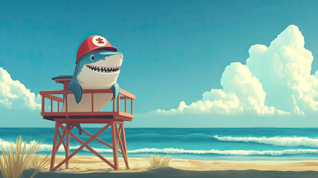 A cartoon shark wearing a lifeguard hat, standing on a lifeguard tower on the beach, with the ocean in the background.の素材