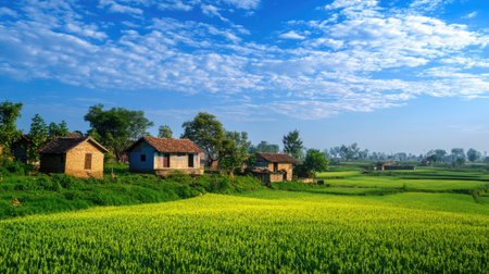 A scenic view of the rural landscape in Garvajodh, India, with fields, traditional houses, and clear blue skies, highlighting the simplicity and beauty of village life.の素材