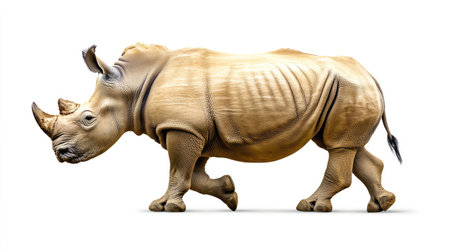 A rhinoceros mid-step on a white background, its muscular build and natural grace on display, ideal for wildlife-themed content.の素材