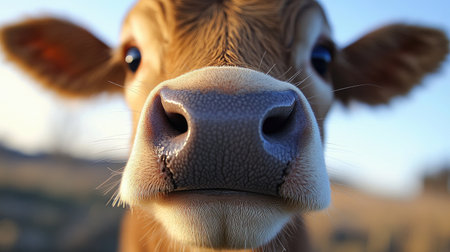 A detailed view of a calf soft nose and whiskers, with its big, curious eyes looking directly at the camera. The background is a gentle blur of pasture, emphasizing the animal's innocenceの素材
