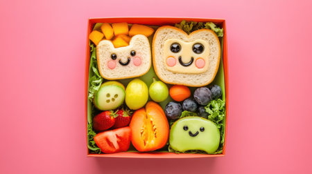 A cute boxed lunch for school with food art, featuring adorable character-shaped sandwiches, fruits, and veggies. The meal is arranged on a bright, solid color background, captured from a top view.の素材