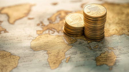 A stack of coins on a world map, symbolizing successful global business ventures.の素材