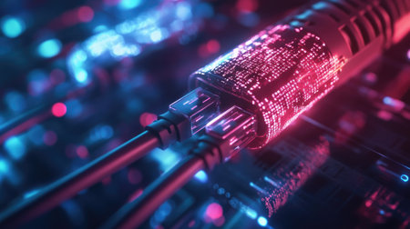 Close-up of a network cable, with glowing data flowing through it.の素材