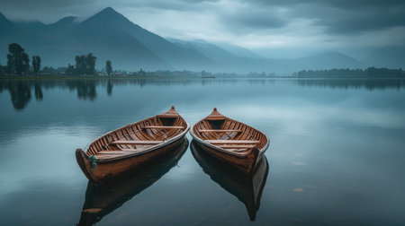 The tranquil Dal Lake in Srinagar, with traditional shikaras (wooden boats) gliding on the water, surrounded by mountains.の素材