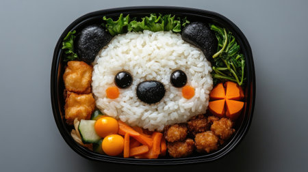 A charming bento box with rice formed into a bear face, accompanied by neatly arranged sides, all presented on a simple, monochromatic backdrop. The playful design adds joy to mealtime.の素材