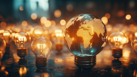 A digital globe surrounded by lightbulbs, representing the spread of innovative business ideas.の素材