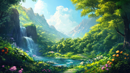 A peaceful background illustration featuring a lush landscape with natural elements, bright colors, and a serene atmosphere, ideal for refreshing visuals.の素材