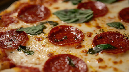 A close-up shot of a golden, crispy pepperoni pizza topped with melted mozzarella and fresh basil, exuding warmth and flavor from the oven.の素材