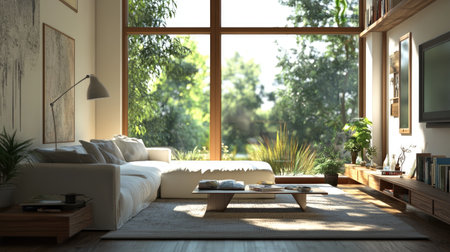 A modern living space with a white sofa, big windows, and a blend of modern and cozy decor, inviting relaxation.の素材