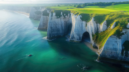The iconic cliffs of Etretat, with their natural arches and dramatic drop to the sea, viewed from a panoramic perspective that highlights the beautyの素材