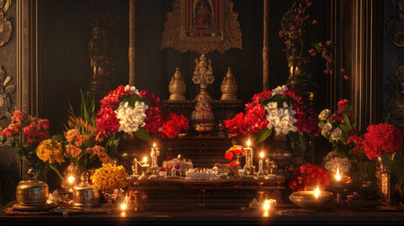 A festive Navaratri scene featuring a decorated altar with flowers, oil lamps, and symbolic items, ready for the worship and celebration during the nine nights of the festival.の素材
