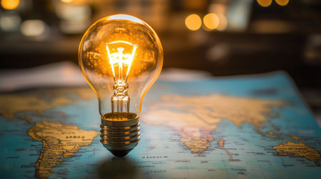 A lightbulb glowing over a world map, symbolizing bright business ideas around the globe.の素材