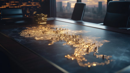 A surreal image of a treasure map unfurling on a polished boardroom table, with iconic locations glowing like jewels, leading to a chest of gold coins.の素材