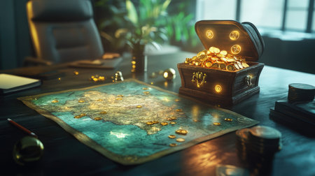 A surreal treasure map unfurls across a modern boardroom table, with glowing icons pointing to a chest overflowing with gold coins, merging fantasy with reality.の素材