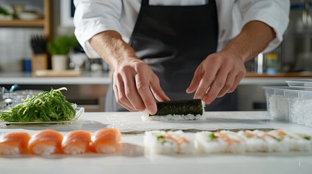 A chefhands at work, rolling sushi with precision, as fresh slices of fish, rice, and seaweed come together on a clean, white countertop.の素材