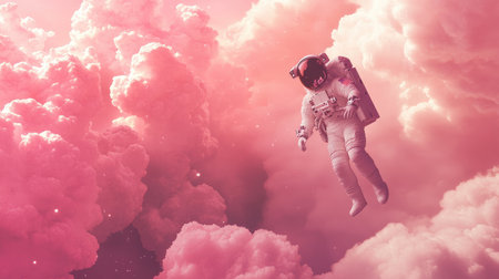 A surreal scene of an astronaut floating among billowing pink clouds, capturing the mystery and wonder of space exploration in a dreamlike atmosphere.の素材
