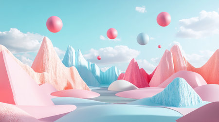 A whimsical 3D abstract scene with pastel geometric shapes, surreal mountain landscapes, and floating spheres, creating a magical and imaginative space.の素材