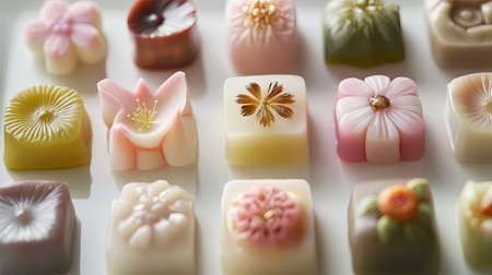 A variety of traditional Japanese wagashi sweets, beautifully arranged on a white plate, capturing their delicate and intricate designs, perfect for dessert photography.の素材