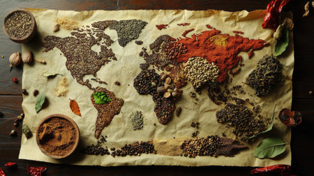 A creative representation of the world map using a variety of spices, with rich colors and textures that signify the global spice trade and cultural cuisine.の素材