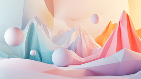 A whimsical 3D abstract scene with pastel geometric shapes, surreal mountain landscapes, and floating spheres, creating a magical and imaginative space.の素材
