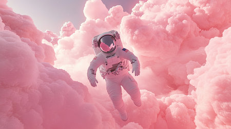 A surreal scene of an astronaut floating among billowing pink clouds, capturing the mystery and wonder of space exploration in a dreamlike atmosphere.の素材
