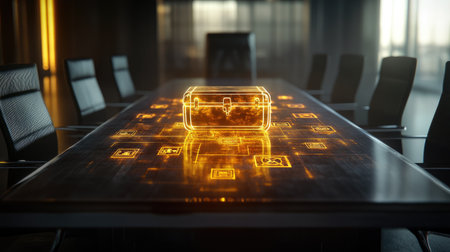 A surreal treasure map spreads across a modern boardroom table, with glowing icons marking the way to a gold-filled chest, blending the old and the new.の素材