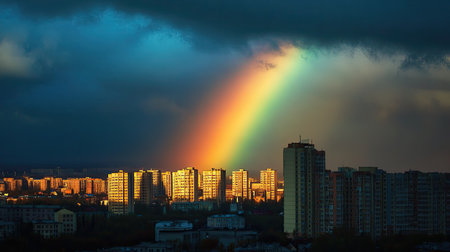 A vibrant rainbow arcs over the urban landscape of Novosibirsk, Russia, with buildings set against a moody sky, highlighting the natural beauty in a cityscape.の素材