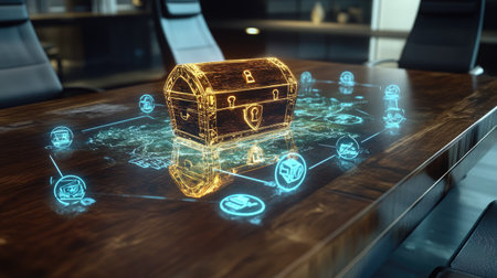 A treasure map unfurls on a sleek boardroom table, with glowing icons leading to a gold-filled chest, creating a surreal blend of corporate and adventure themes.の素材