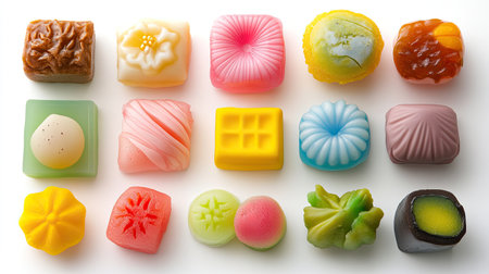 An assortment of colorful wagashi, showcasing the beauty and artistry of Japanese confectionery, isolated on a clean white background.の素材
