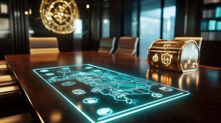 A treasure map unfurls on a sleek boardroom table, with glowing icons leading to a gold-filled chest, creating a surreal blend of corporate and adventure themes.の素材