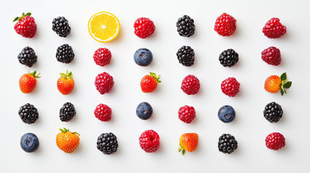 A collection of mixed berries, arranged in an abstract pattern against a white background, showcasing their bright colors and textures.の素材