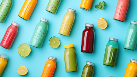 A collection of colorful smoothie and juice bottles on a blue background, shot from above, emphasizing superfoods, healthy drinks, and detox diets.の素材