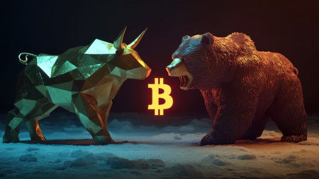 A golden geometric bull squares off against a realistic bear, symbolizing market trends. Between them, a glowing Bitcoin symbol represents the ongoing cryptocurrency conflict.の素材