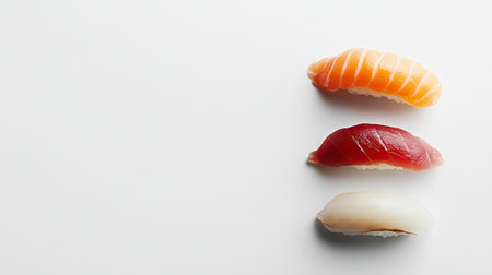 Sushi nigiri floats against a stark white background, creating a clean and elegant representation of traditional Japanese cuisine in minimalist photography.の素材