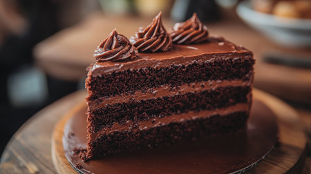 Close-up view of a delicious chocolate cake on a wooden table, Zrenjanin, Serbia, with the cake's rich texture and icing invitingly showcased.の素材