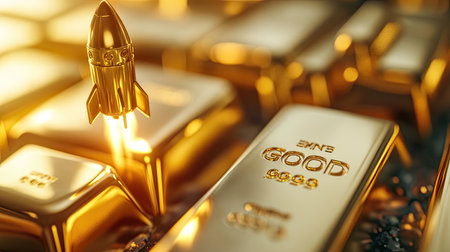A close-up of gold bars with a rocket model soaring beside them, capturing the essence of financial success and upward market trends.の素材