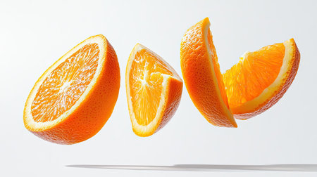 A fresh orange sliced into thin, round pieces, floating mid-motion in the air, with vibrant, juicy details captured against a crisp white background.の素材
