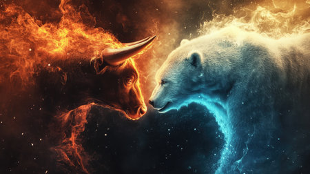 A fiery bull and an icy bear in abstract design facing each other, capturing the intense conflict of market trends in a visually striking concept.の素材
