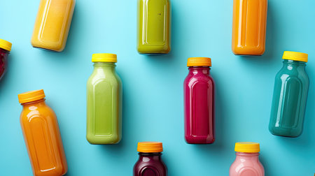 A top-down view of an assortment of colorful smoothie and juice bottles on a blue background, highlighting superfoods, healthy eating, and detoxification.の素材