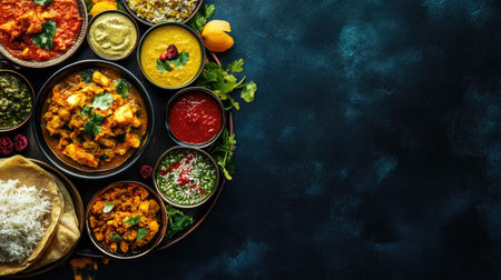 Indian ethnic food buffet: A beautifully arranged Thali with various dishes, vibrant colors, and rich textures, set against a dark background, with space for advertising.の素材