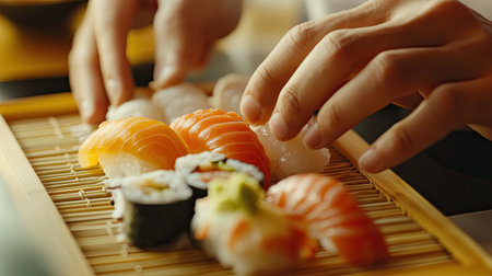Detailed shot of a chefhands assembling sushi, the vibrant colors of the ingredients contrasting against the bamboo mat, showcasing culinary craftsmanshipの素材