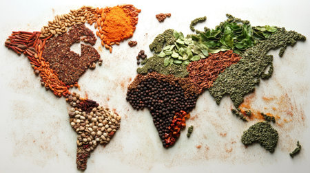 A world map created from an assortment of colorful spices, representing the global influence of flavors, with each continent depicted by a different type of spice.の素材