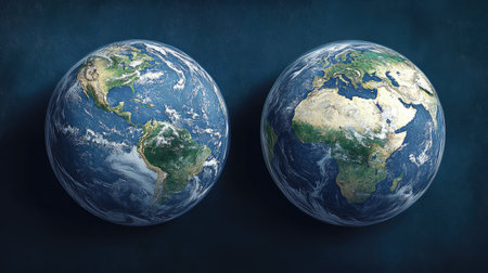 Artistic representation of two Earths, showing the concept of doubling the world's size, with detailed continents and oceans.の素材