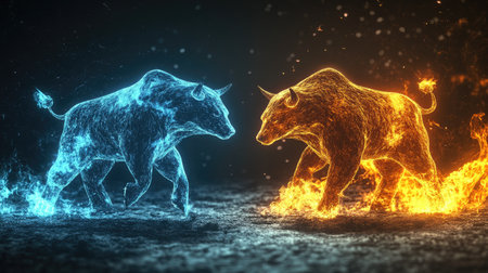Dynamic abstract bull and bear figures, one engulfed in flames, the other in ice, illustrating the heated and cold market trends in financial investments.の素材