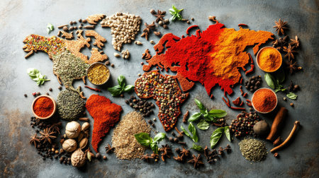 Spices laid out in the shape of a world map, showcasing the international nature of these ingredients, with each continent depicted in a different spice color.の素材