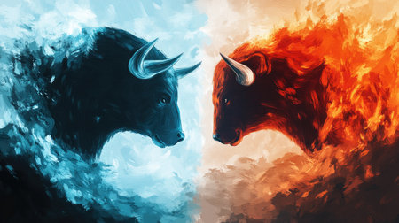 Abstract shapes of a bull and bear facing off, with one side depicted in hot tones and the other in icy colors, symbolizing the contrasting market trends.の素材